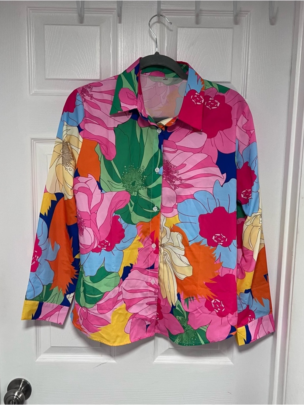 Vibrant Floral Button-Down Blouse - Pink Multi Size L